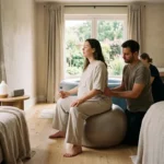 A pregnant woman practices Hypnobirthing Techniques on an exercise ball while a partner provides back support during labor in a bright, naturally lit room, with another caregiver assisting in the background.