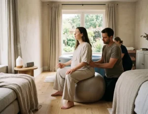 A pregnant woman practices Hypnobirthing Techniques on an exercise ball while a partner provides back support during labor in a bright, naturally lit room, with another caregiver assisting in the background.