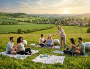 Pregnant couples attend an outdoor Hypnobirthing Classes in UK led by an instructor in a grassy field overlooking rolling green hills and a distant village at sunset.