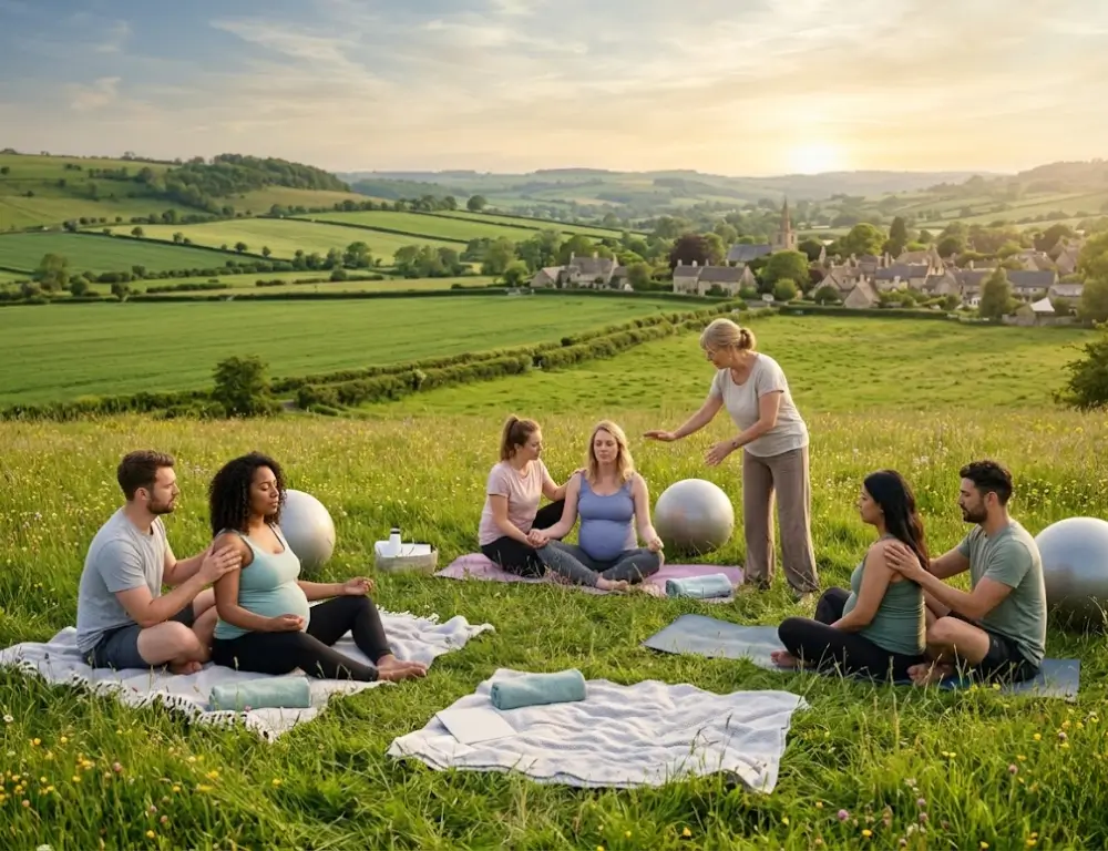 Pregnant couples attend an outdoor Hypnobirthing Classes in UK led by an instructor in a grassy field overlooking rolling green hills and a distant village at sunset.