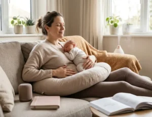 Mother calmly holds a sleeping newborn on a U-shaped nursing pillow while relaxing on a couch by a sunlit window, supporting Caesarean Recovery Time Using Hypnobirthing.
