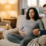 A pregnant woman practices what is hypnobirthing by calmly resting her hands on her belly with eyes closed, while her partner supports her in a peaceful, warmly lit room with a candle nearby.
