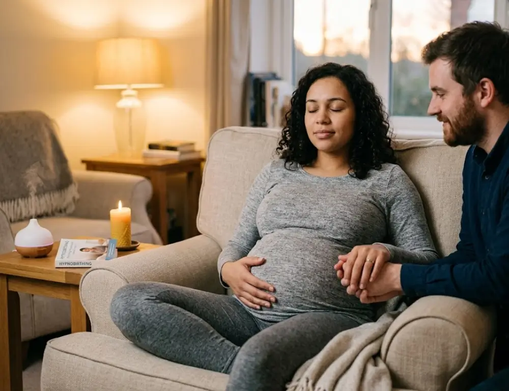A pregnant woman practices what is hypnobirthing by calmly resting her hands on her belly with eyes closed, while her partner supports her in a peaceful, warmly lit room with a candle nearby.