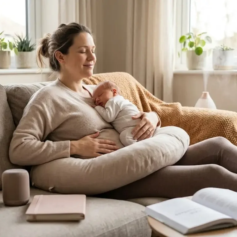Mother calmly holds a sleeping newborn on a U-shaped nursing pillow while relaxing on a couch by a sunlit window, supporting Caesarean Recovery Time Using Hypnobirthing.