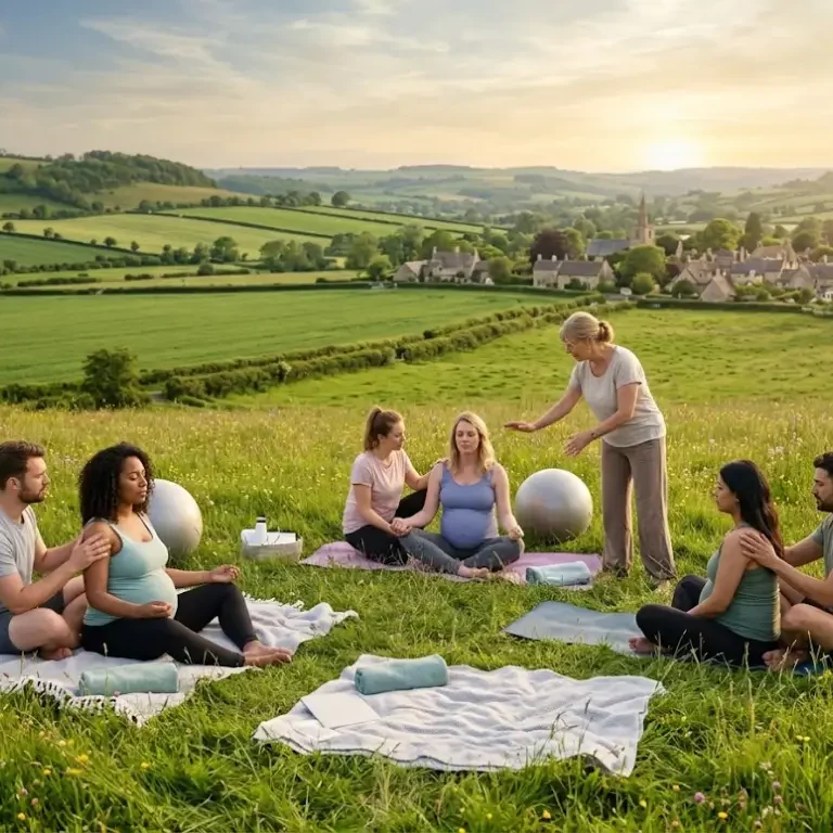 Pregnant couples attend an outdoor Hypnobirthing Classes in UK led by an instructor in a grassy field overlooking rolling green hills and a distant village at sunset.