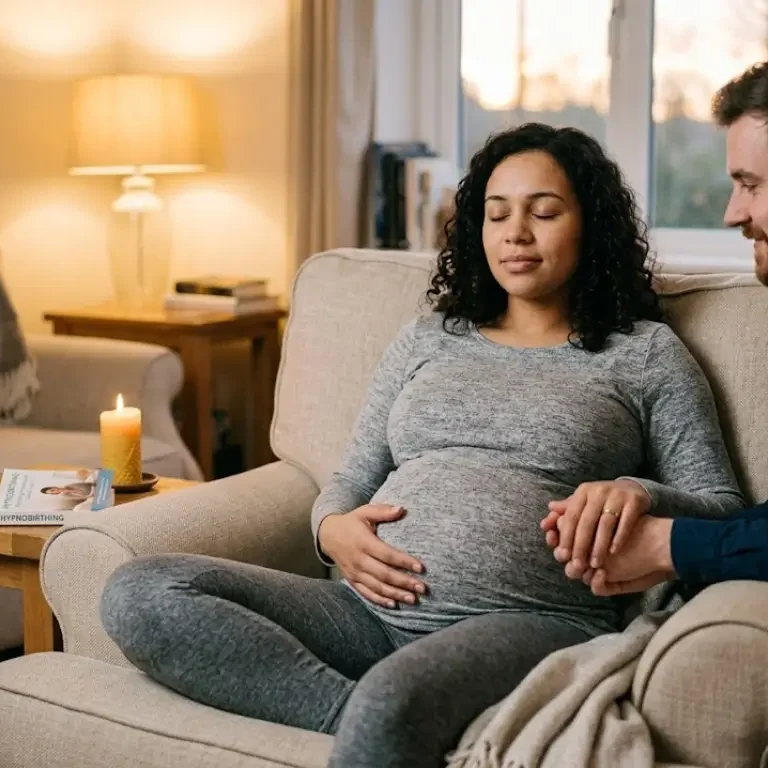 A pregnant woman practices what is hypnobirthing by calmly resting her hands on her belly with eyes closed, while her partner supports her in a peaceful, warmly lit room with a candle nearby.
